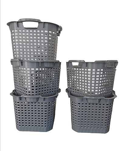 Erntekorb 25 Liter 5er Set Gartenkorb Grau Lebensmittelecht Obstkorb Robust | BURI Drehstapelkorb als Kartoffelkorb, Obstkorb, Wäschekorb oder Laubkorb aus robustem Kunststoff für viele Einsätze