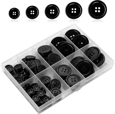 YHT 100PCS Sewing Buttons with Storage Box,4-Hole Round Resin for Clothes Kniting,Kids Crafts DIY,Crafting Handmade,Black