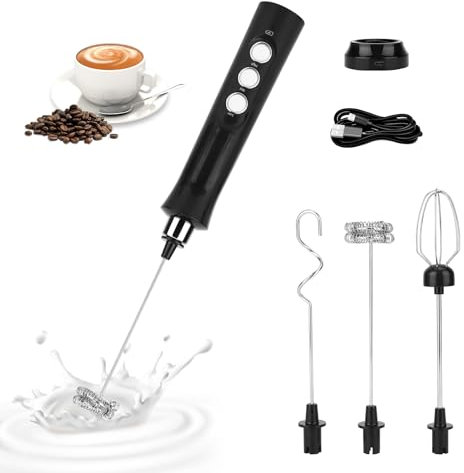 Miawtro Milk Frother Handheld, USB Milk Frother Rechargeable with Two Replacement Heads, Mini Whisk Electric, Coffee Whisk Frother for Latte, Cappuccino, Hot Chocolate, Eggs (Black)