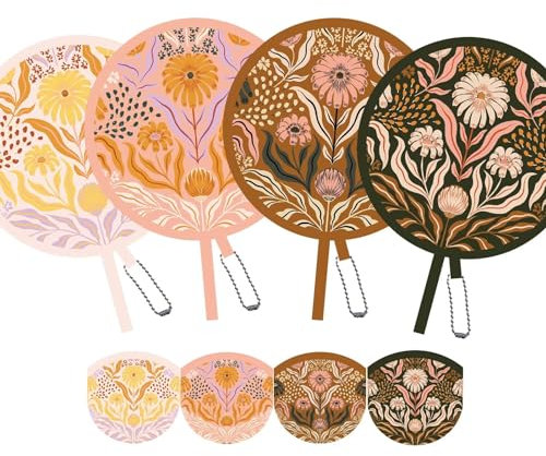 SUJJY 4 Pack Floral Hand Fan Foldable, Multi-Role Round Handheld Fans for Travel, Events, Indoor & Outdoor (Dawn & Dusk)