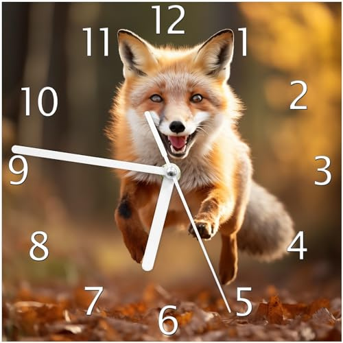 Wallario Design-Wanduhr Rennender Fuchs aus Glas, Motiv-Uhr Größe 20 x 20 cm, weiße Zeiger