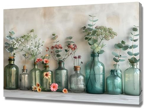 AMXBZC Decoración Salón Cuadros de Plantas, Flores pequeñas en botella de vidrio Póster Vintage Láminas Hojas Verdes - Cuadros póster de pared para dormitorio-50x70cm Enmarcado (Multi 46)