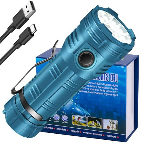 WANENK Torcia a LED estremamente luminosa, ricaricabile, 50000 lumen, 8 modalità di illuminazione, 8 LED IPX68, impermeabile, torcia tattica con batteria da 5000 mAh, per le emergenze all'aperto, il