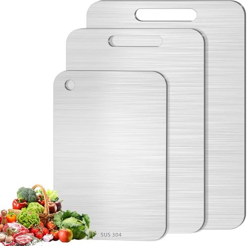 Lot de 3 planches à découper en acier inoxydable 100 % pur acier inoxydable double face de qualité alimentaire, antirouille, durable, parfait pour la viande, les fruits et les légumes – Tapis de