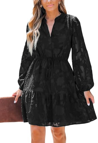 CUPSHE Mini robes d'automne semi-formelles en dentelle à volants pour femmes, robe d'invitée de mariage, col en V, manches longues paysannes, ceinture élastique à nouer, noir, Taille M