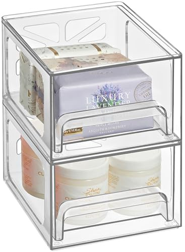 Oizeir Acrylic Drawer Organizer 2-Pack – Clear Stackable Storage Drawers for Makeup, Skincare, Vanity, Bathroom, Under Sink, Kitchen & Office – Non-Slip, Durable, Multi-Purpose Organizer Bins