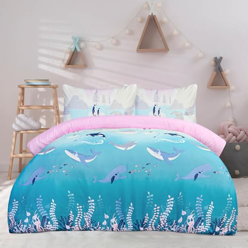 Sleepdown Super Soft Arctic Animals Reversible Duvet Cover Set, Lilac/Blue, Microfibre Ombre Design Duvet Cover with Pillowcase & Fitted Sheet, Double (200 X 200 CM)