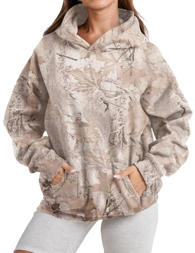 Ziesexy Damen-Kapuzenpullover, Camouflage, Ahornblatt-Druck, übergroß, Fleece, langärmelig, Camouflage-Sweatshirt mit Tasche, kakigrün, M