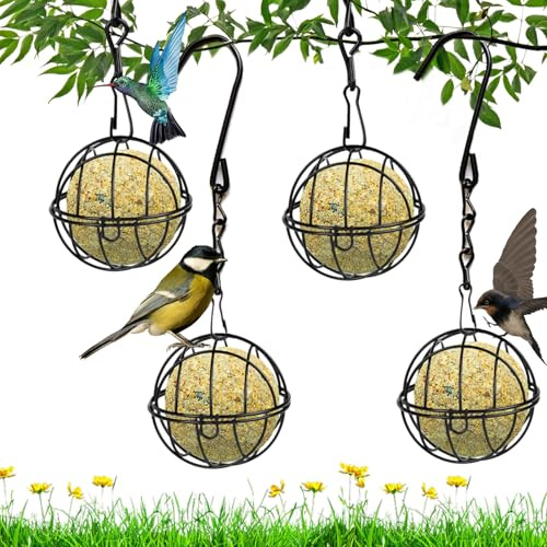 4 Pezzi Mangiatoia Uccellini Selvatici Sospeso, Mangiatoia per Palle Grasso con 4 Gancio Forma S, Mangiatoia Uccelli Metallo per Giardino Esterno, Recinzioni, Balcone, Foresta, Fringuelli (Nero)
