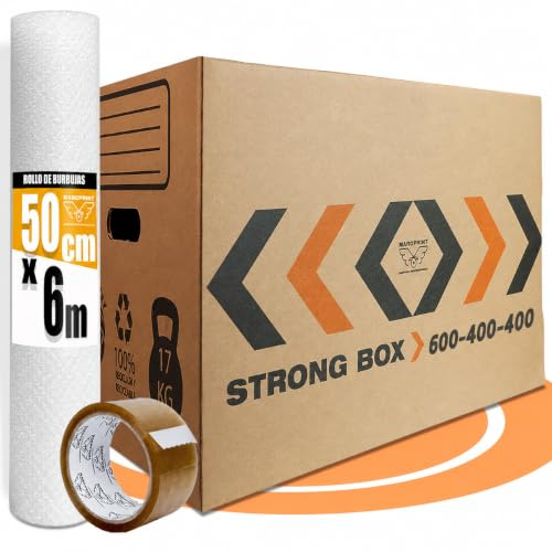 10 Cajas Mudanza Talla XXL 96 Litros + Burbujas + Precinto - Cajas Carton Mudanza (60x40x40cm) Reforzadas y Resistentes - Cajas de Carton Certificación FSC - 100% Reutilizables