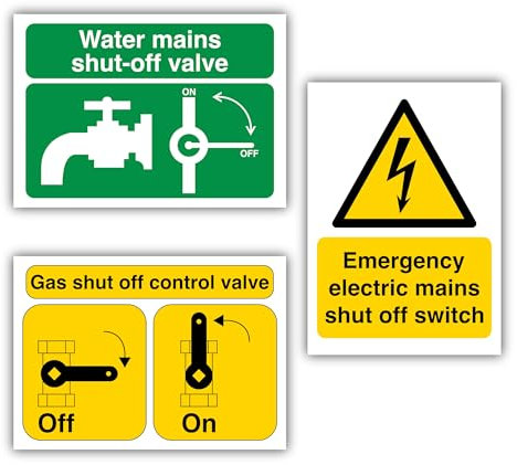 Pack of 3 Water Mains, Gas Mains Shut Off Control Valve & Emergency Electric Mains Shut Off Switch Signs Self Adhesive Vinyl Stickers (105mm x 148mm)