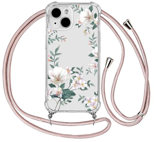 Ciciber Ttusy Handykette Hülle für iPhone 13 mit Band, Stoßfest Durchsichtig Muster Blumen Case Weiches Silikon Schutzhülle mit Kordel zum Umhängen Necklace HandyHülle für iPhone 13, 03