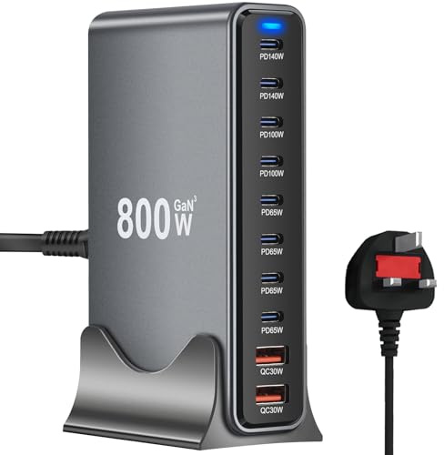 800W GaN3 Fast Charging Station - Multi-port Charger Block, 8×USB-C Ports (140W/100W/65W) & 2×USB-A Ports (30W QC) - Compact Multi-Device Charger, Compatible with Laptops, iPhone 15/16, Galaxy, PS5