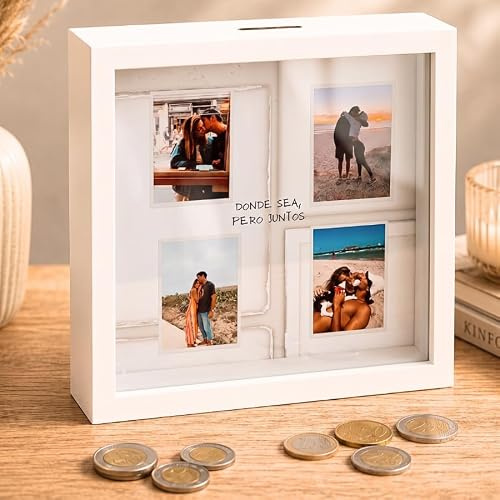 Cristal Plaque - Hucha Personalizada Parejas con 4 Fotos y Texto | Madera y Acrílico Transparente Donde Sea, Pero Ir Juntos | Regalo Original de San Valentín y Viajes