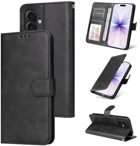 E-Lush Fodral för iPhone 17 Syntetiskt läder, Plånboksfodral Skal Papper Slits Plånbok Bok Magnetiskt Fodral Mobilhållare Stötsäkert Skydd, Svart