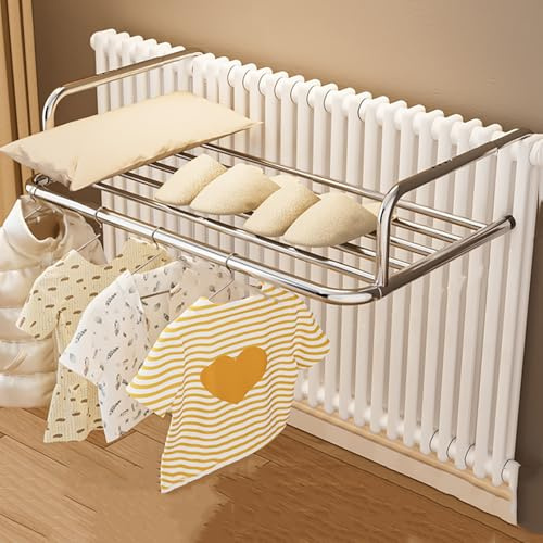 Étendoir à Linge pour Radiateur, Séchoir à Linge Pliable Acier Inoxydable Tablette Radiateur Sans Percer - Utilisation Balcon, Rebord de Fenêtre, Balustrade(65cm)