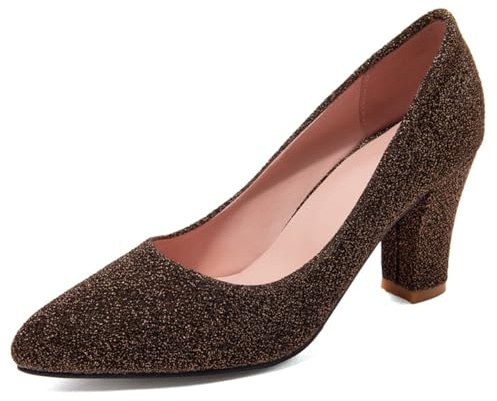 Dam glittrande blockklack pumps spetsig tå slip-on högklackade skor med glitterfinish för cocktailfest och kvällsevenemang, Guld, 39.5 EU