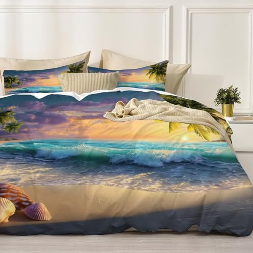 King Duvet Cover Set Beautiful Beach Bedding - Ocean Waves Seashells Pattern Print Bedding Quilt Cover Set (1x Quilt Cover, 2 x Pillowcases) Microfibre Bed Set 104x 90 ，Blue-Green