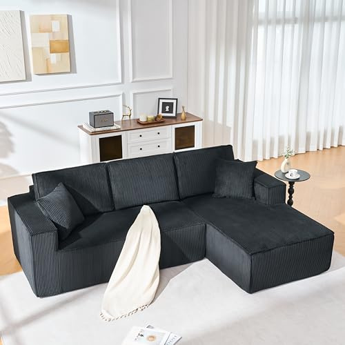 Arhatreya Sofá de 3 plazas en forma de L con relleno al vacío, sofá de esquina con cojín y chaise longue a la derecha, sofá tapizado para salón, dormitorio, apartamento, tela de pana, color negro