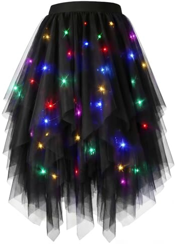 Beipegin Gonna Tulle Donna Luminosa LED Gonne Paillettes Irregolare Tulle tutù Costume Carnevale Halloween - Batteria Non Inclusa