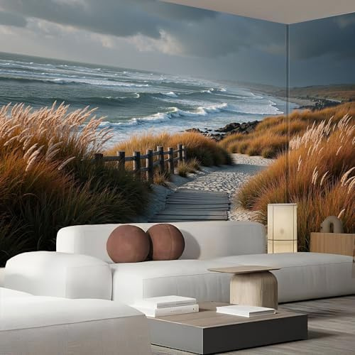 Fotomurales Xl 200X140Cm Camino De Playa Vintage Paisaje De Plantas Naturales Papel Pintado Panorámico 3D Azul Profundo Decoración De Pared Moderna Murales Para Pared Salón Cocina Baño Pasillo Comedor