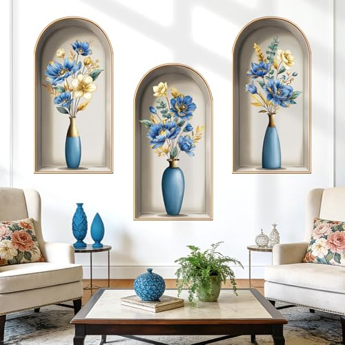 decalmile 3D Flower Vase Wall Stickers Blue Flower Gold Leaves Wall Decals Bedroom Living Room Sofa TV Background Home Decor