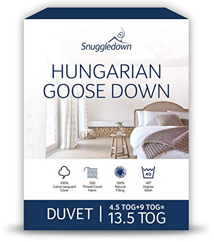 Snuggledown Hungarian Goose Down Double Duvet 13.5 Tog -4.5 + 9 Tog Combination Quilt with Ethically Sourced 80:20 Blend | UK-Made, Cotton Cover, Box Stitch, Washable (200 × 200cm)