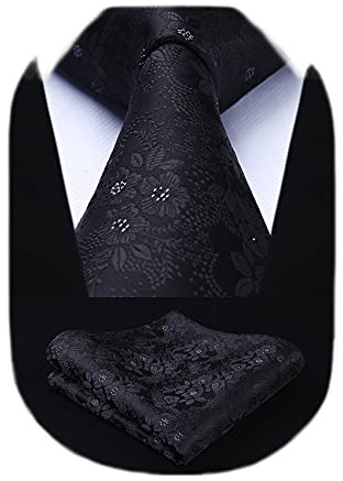 HISDERN Corbata Hombre Negro Extra Larga de Flores Corbatas y Pañuelo de Bolsillo para Boda La Fiesta Formales
