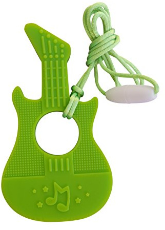 Beißring/Schnuller in Gitarren-Optik, Musik, zum Draufrumkauen, ohne BPA, Schnur samt Verschluss mit Zugentriegelung, 7 Farben (Grün)