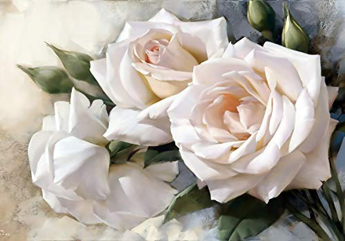 wandmotiv24 Fototapete Vintage weisse Rosen, XL 350 x 245 cm - 7 Teile, Wanddeko, Wandbild, Wandtapete, Gemalt, Blumen, Grau M1307