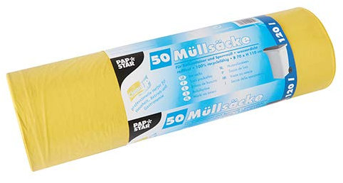 PAPSTAR 50 Müllsäcke, LDPE 120 l 110 cm x 70 cm gelb, Sie erhalten 4 Packungen á 50 Stück (insgesamt 200 Stück)