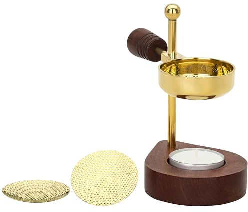 RÄUCHERSTÖVCHEN aus Messing, goldfarben [Handarbeit, verstellbare Höhe 12 cm] Mit Holzgriff und Holz-Fundament Verstellbarer Weihrauchbrenner zum sanften Räuchern mit Teelicht