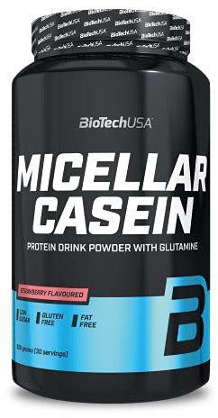 BioTechUSA Micellar Casein in Polvere | Tempo di Assorbimento Esteso | Senza Glutine e Senza Grassi | Aggiunta di L-Glutammina, 908 g, Fragola