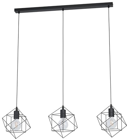 EGLO Pendelleuchte Straiton, 3 flammige Hängelampe Vintage, Industrial, | Hängeleuchte aus Stahl in Schwarz, Esstischlampe, Wohnzimmerlampe hängend mit E27 Fassung, L 90,5 cm