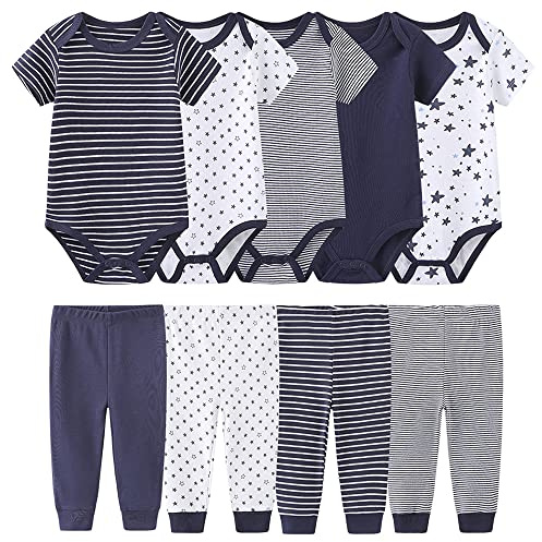 Nyfödd baby bodysuit kortärmad one-piece babybyxor byxor ren bomull lämplig för pojkar och flickor 0-12 m, Marinblå 2, 3-6 Månader