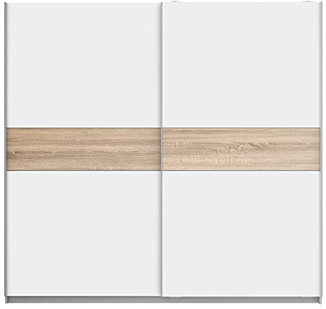 FORTE WINNER PLUS Schrank 220, Kleiderschrank Schwebetürenschrank Skandinavisch Schlafzimmer 2-türig Einlegeböden Kleiderstange, Weiß / Holzdekor: Sonoma Eiche, 220 cm breit x 210 cm hoch x 61 cm tief
