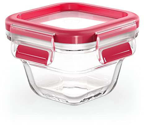 Emsa Clip&Close - Hermético de Cristal cuadrado de polipropileno, higiénico, no retiene olores ni sabores, certificado Baby Care, apto para congelador, microondas y lavavajillas, Rojo, N10413