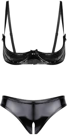 Choomomo Womens 2 Piece Lingerie Set Stretch Vinyl Shelf Bra Quarter Cup Bra Tops with Panty Set Black L