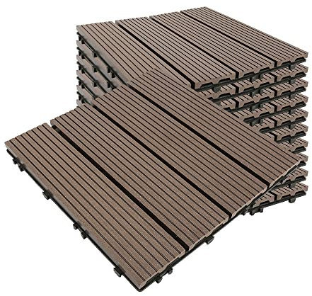 Lot de 11 Revêtement de Sol Extérieur ou Intérieur Dalles de Sol Emboîtables en Bois Composite Dalles pour Jardin, Piscine, Balcon, Terrasse, Recouvrir Sol environ 1m² (# 4 Taupe)