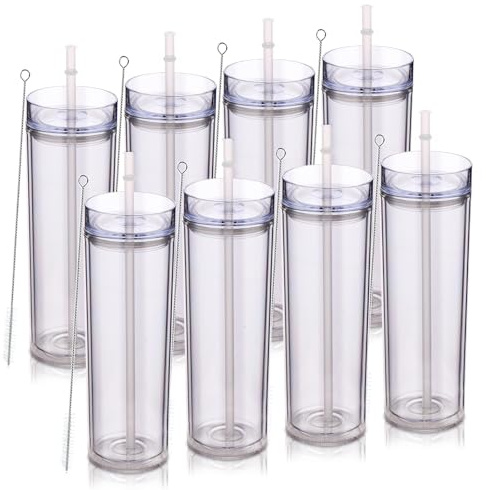 Volhoply 20oz Tumlare med Lock Och Sugrör 8-pack, Dubbla Väggar, Magra Plastglas, 550 ml återanvändbar söt Kaffemugg, BPA-Fri Matt Akryl Vattenkoppar med Sugrör för Fester, DIY-Presenter