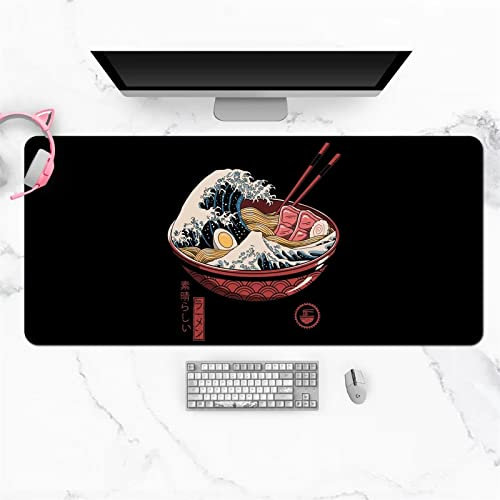 Gaming Mauspad 1200x600x3mm XXL Mousepad Schwarze japanische Ramen mit genähten Rändern,Tischmatte aus Naturkautschuk,verbessert Präzision und Geschwindigkeit,für Gamer,Büro & Zuhause