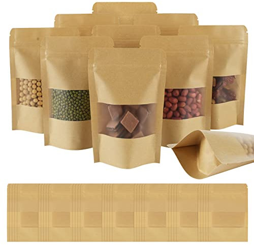 AUAUY Sacchetti Carta per Alimenti, Buste Carta Alimenti con Finestra, Riutilizzabili Sacchetti Carta Kraft con Chiusura, Applicano a Noci, Chicchi di Caffè, Foglie di Tè, Spezie （10 x 15 cm 42 pz）