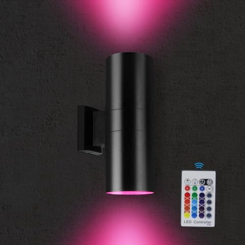 LOGT LED Wandlampe Aussen IP65 wasserdichte mit Fernbedienung Wandleuchte RGB 20W Farbwechsel 4 Modi 16 Farben Up Down Dimmbar Aluminium Wandleuchte für Wohnzimmer Treppenhaus Flur Balkon Garten