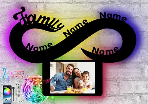 WALUNA® Familiengechenk Family Wanddeko mit Bilderrahmen Led Farbwechsel USB App Bedienung Musikgesteuert personalisiert mit Wunschnamen in 12 Holzfarben