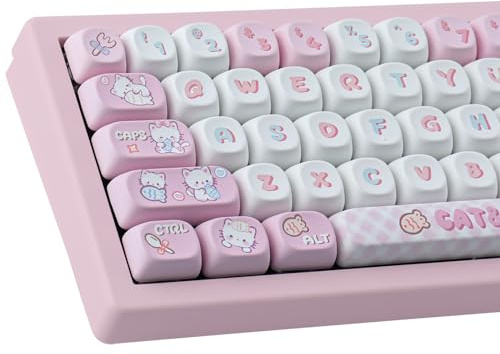 Sunzit Cute Custom Keycaps 141 Keys PBT Keycap Set,MOA Profile keycaps Dye-Sub Pink Cat Eat Fish Keycaps for Cherry MX Switches ISO/ANSI UK Layout Mechanical Gaming Keyboard