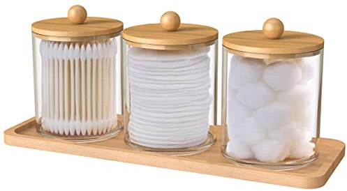 Gatphy Cotton Wool Pad Holder Acrylic Cotton Buds Holder Dispenser Bathroom Jars with Bamboo Lids Tray Clear Makeup Organizer for Cotton Swabs, Cotton Balls, Cosmetic Pads (3 PCS Round)