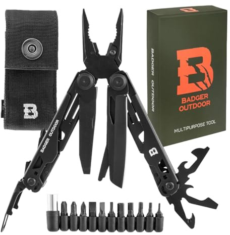 Badger Outdoor Solid Black 16in1 Multitool, Multifunktionsmesser, Edelstahl | Überlebensmesser - Outdoor-Werkzeug mit Bits - Geschenk für Männer - Ausrüstung für Wandern, Camping und Survival