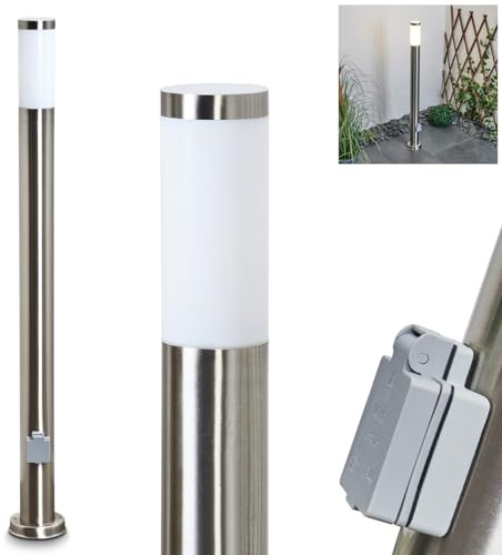 Außenwegeleuchte Sessa mit Bewegungsmelder, moderne Sockelleuchte aus Metall/Kunststoff in Nickel-Matt/Weiß, Steckdose, Wegeleuchte 110 cm, Gartenlampe, E27, Gartenbeleuchtung IP44, ohne Leuchtmittel