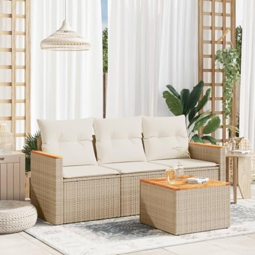 LAPOOH 4-TLG. Garten-Sofagarnitur mit Kissen Beige Poly Rattan, Lounge Gartenmöbel Set, Möbelsets, Balkon Möbel, Gartenlounge, Gartensofa - 3225764