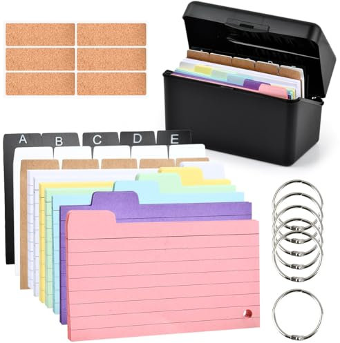 253PCS Boîtes à Fiches Flash Cards with Boîte à Fiches 15 * 8.5 * 9.5cm Boîte D'index Noire Comprend 230 Fiches Colorées Apprendre à lire les notes et les signets boites à fiches pour bureau, école